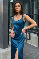 Seidiges, ärmelloses Sommer-Cocktailparty-Midikleid aus Satin mit Schlitz - Königsblau